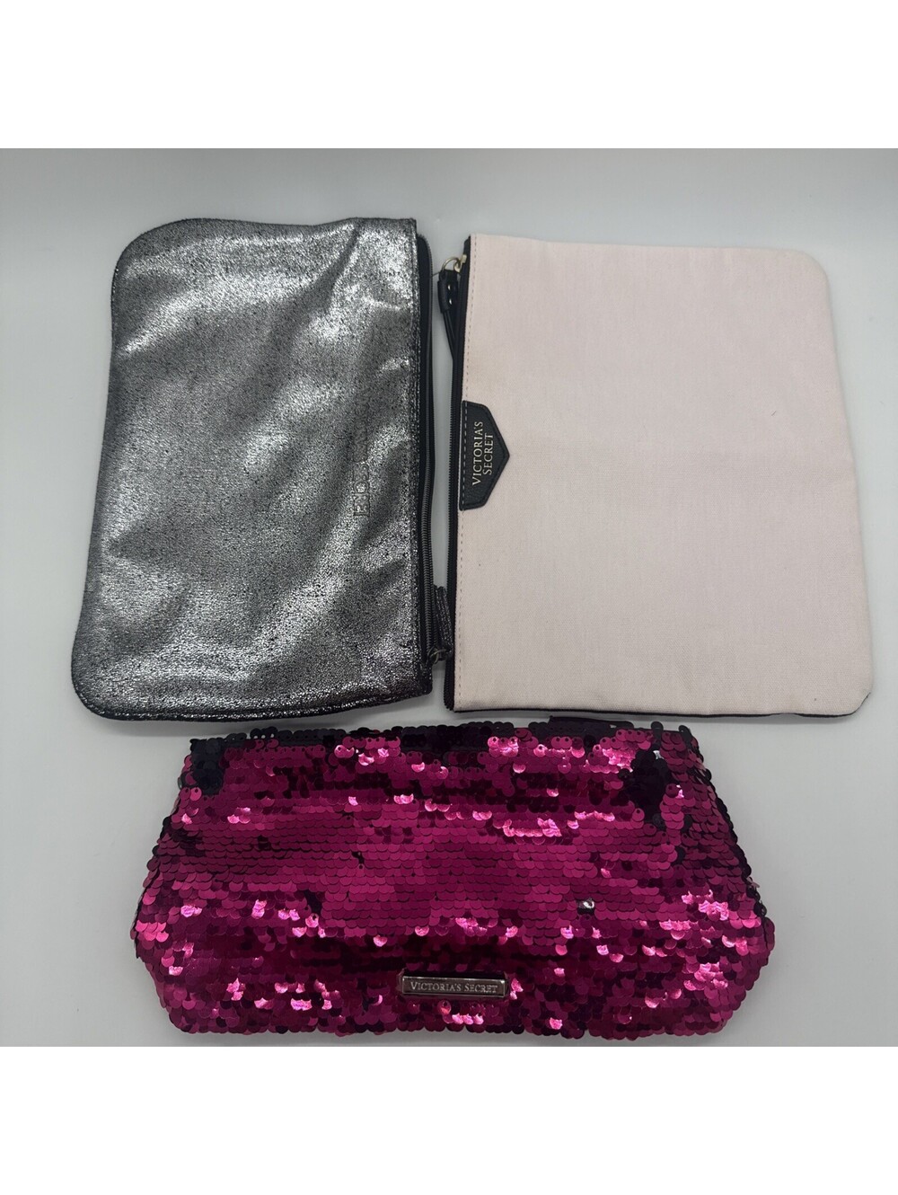 Lot 3 Victoria's Secret Makeup Bags Pink Sequin Metallic Silver Canvas Zip